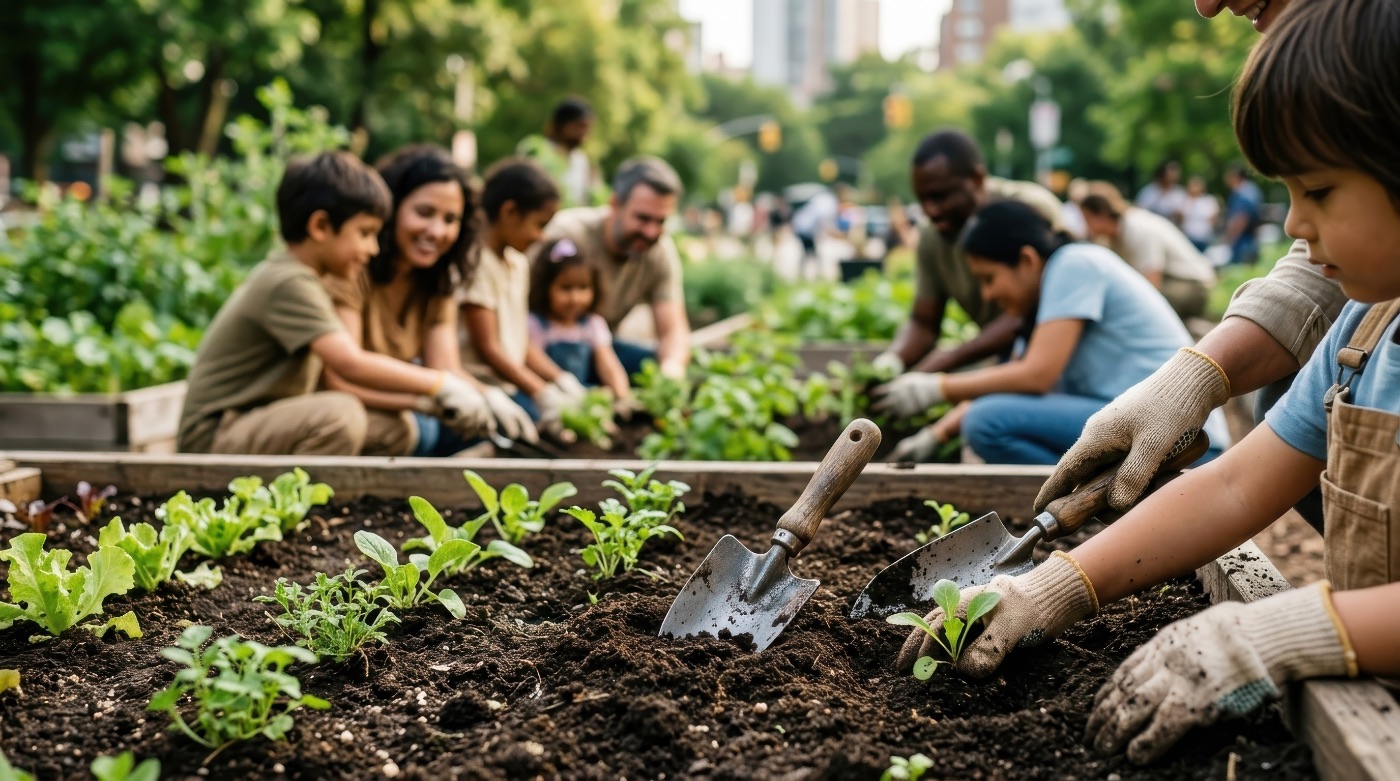Children and adults in the garden bed